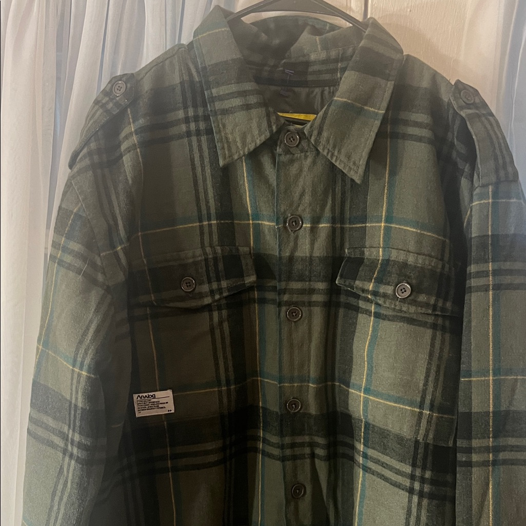 Analog Men’s Green Plaid Shirt Jacket Zip Up & Button Up Rugged Outerwear Large